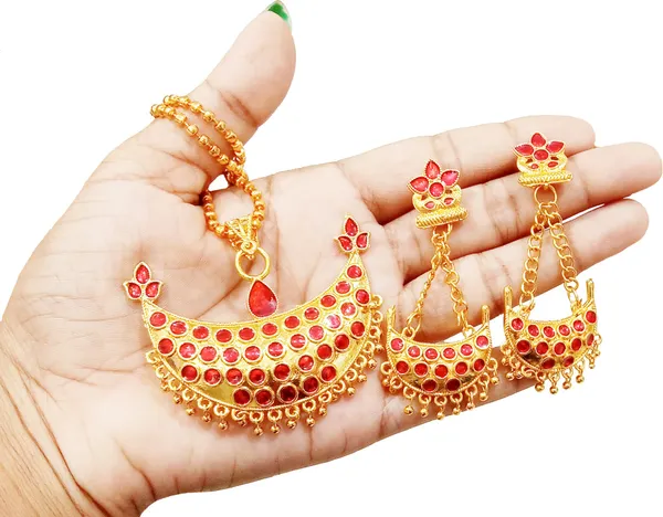 Assamese_Traditional_Gold_Plated_Red_Colour_Joonbiri_Chain_Jewellery_Set_For_Women